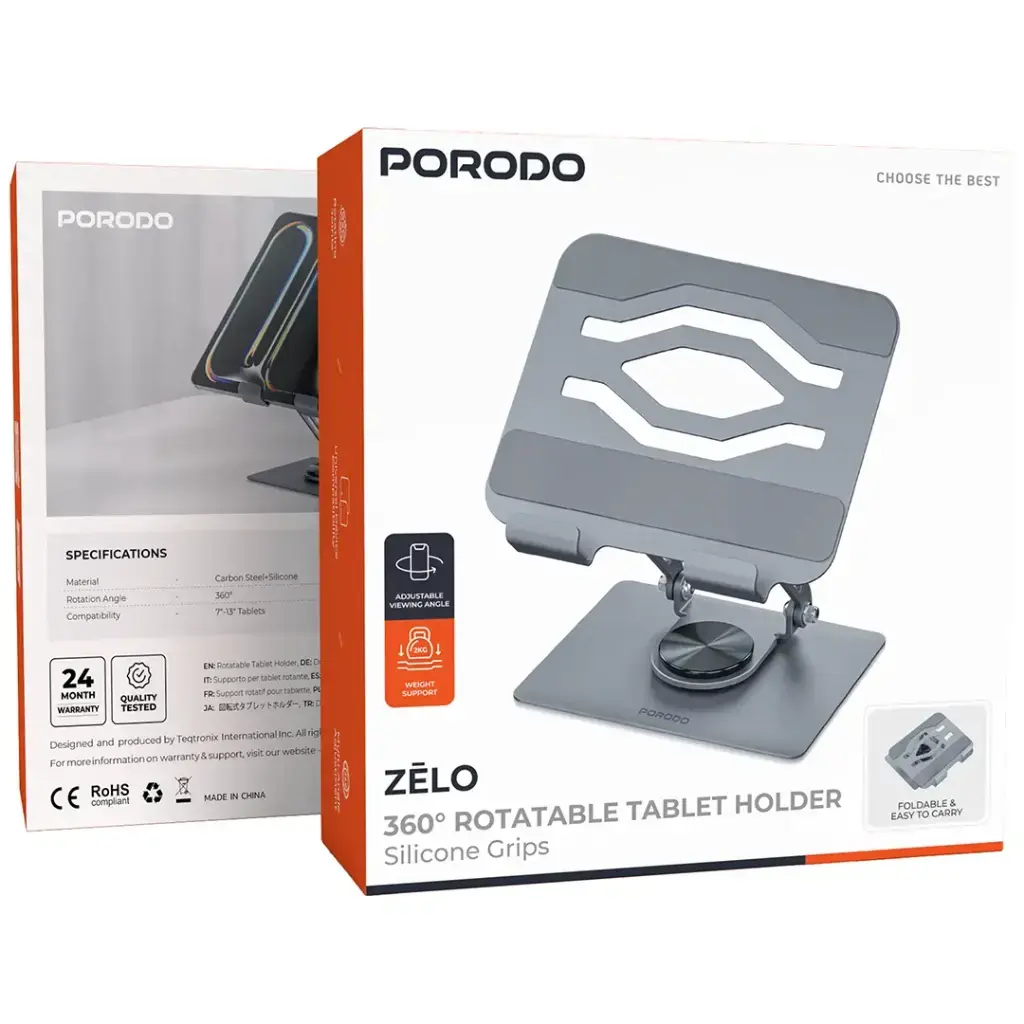 Porodo Zelo 360° Rotatable Tablet Holder with Silicone Grips - Gray3.webp