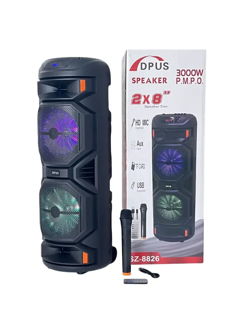 DPUS SZ-8826 – 2x8" Portable Party Speaker with Mic & LED Lights