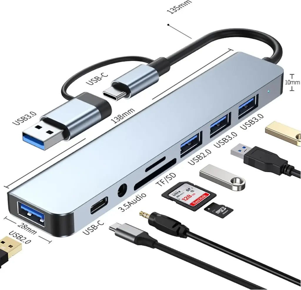 8-in-1 Type-C USB Hub Adapter - USB 3.0, USB 2.0, TF/SD, Audio, and Type-C Ports