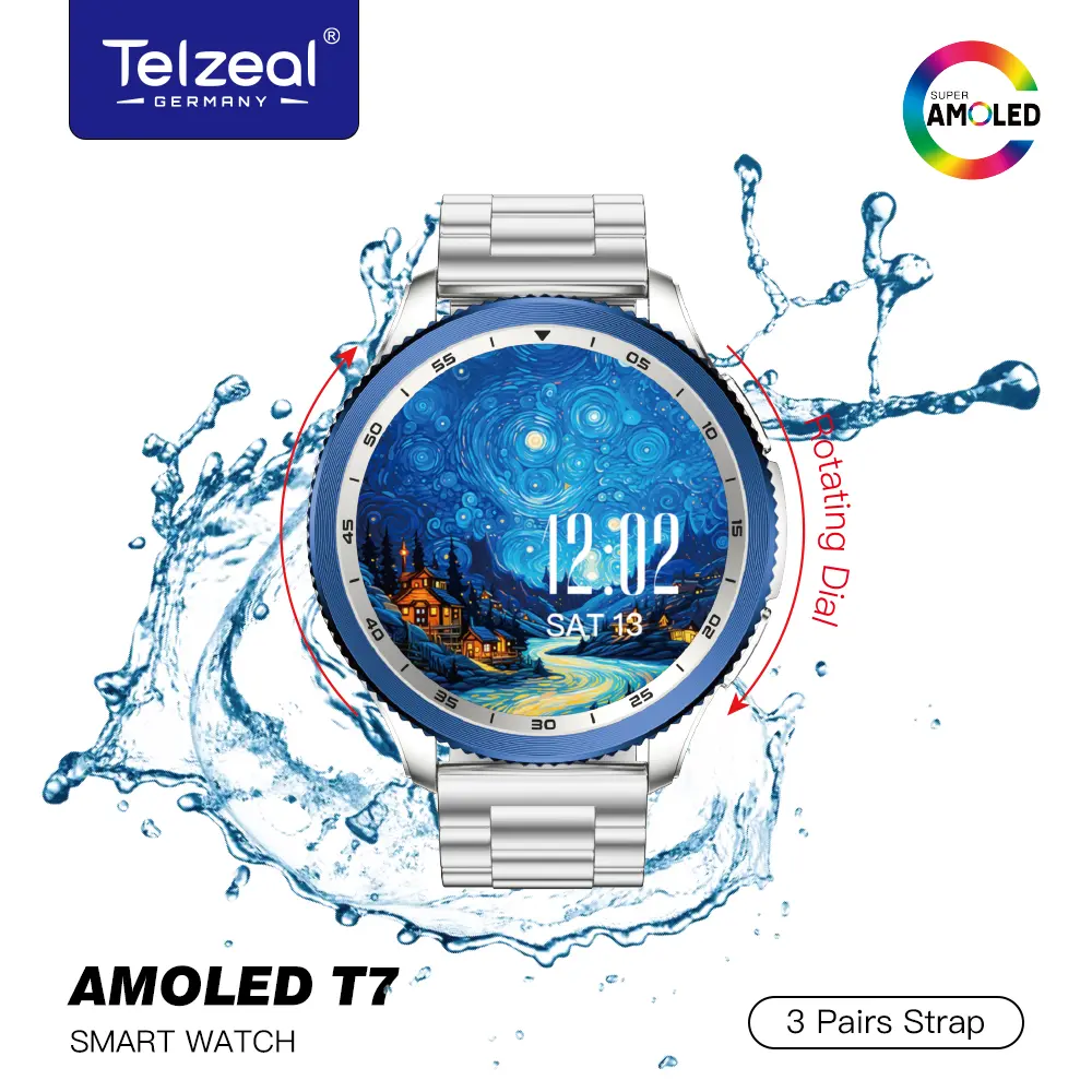 Telzeal Smart Watch Amoled T7 50M Depth Waterproof, Silver Set Display