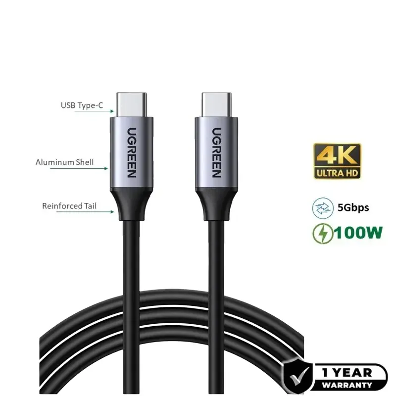 UGREEN US161 - USB-C 3.2 Gen1 Male-to-Male Cable – 1.5M, 100W, 4K@60Hz