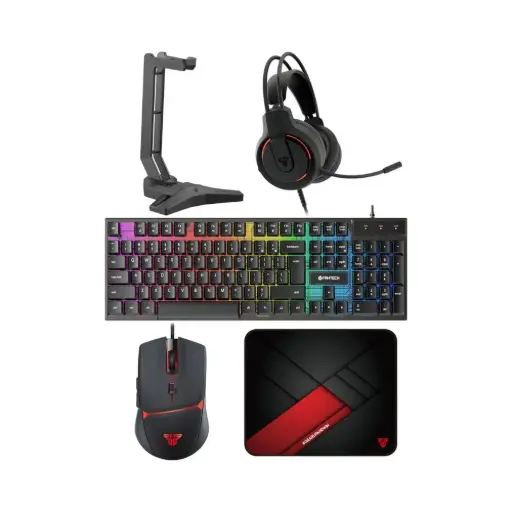 Fantech P51 5 in 1 Power Bundle : Flash HQ53 Headset , Tower II AC304 Headset Stand , Shikari K515 Gaming Keyboard , Vigil MP356 Mousepad , Crypto VX7 Gaming Mouse - Black