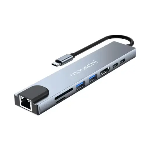 Mouschi USB-C Hub 8-in-1 – HDMI, LAN, SD/TF, USB 3.0, USB 2.0, Dual USB-C